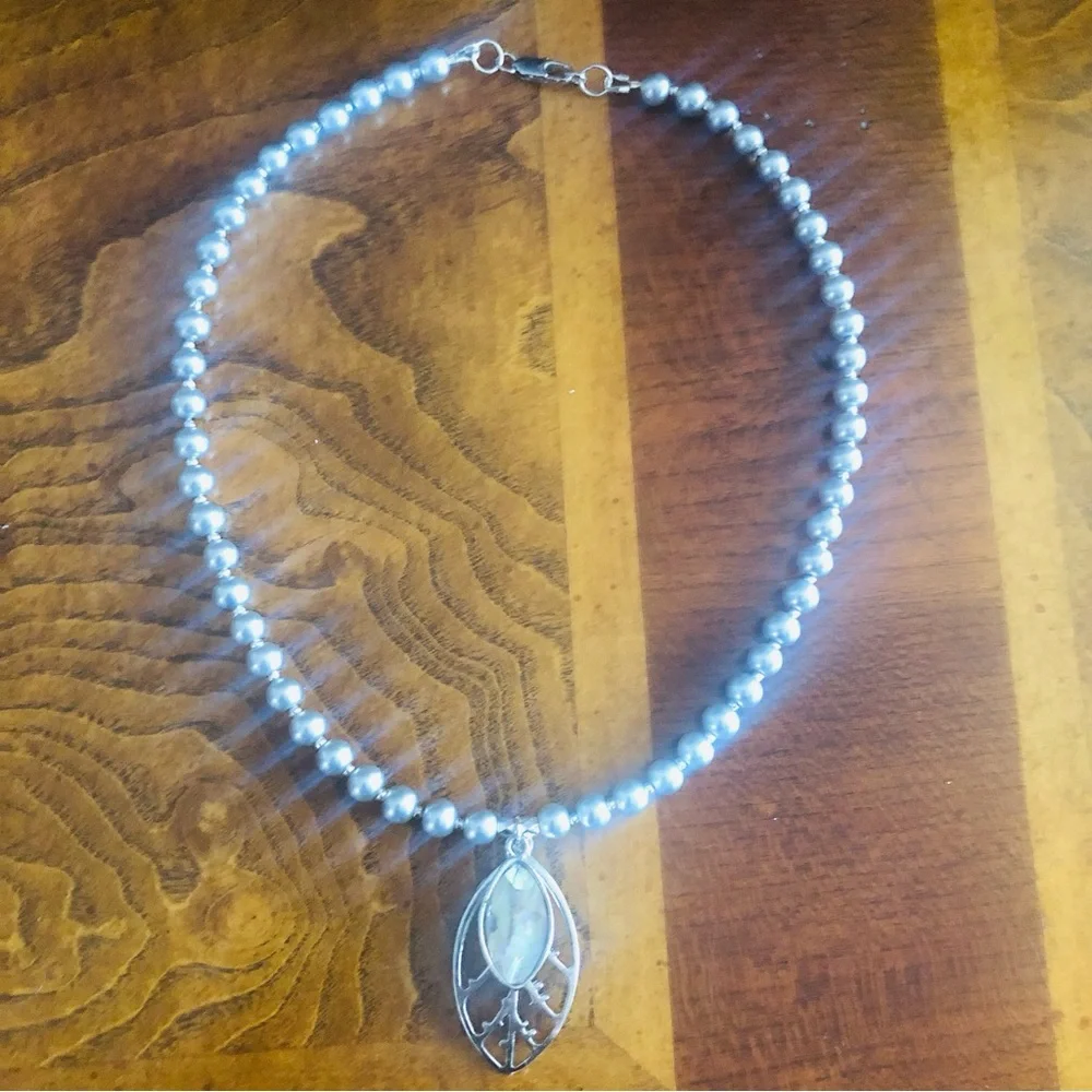 Handcrafted repurpose abalone shell botanical pendant Czech glass Pearl necklace
